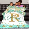 Turquoise Flowers Butterfly Flannel Blanket