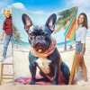 French Bulldog on Beach, summer gift for dog lover Fleece Blanket Throw Blanket